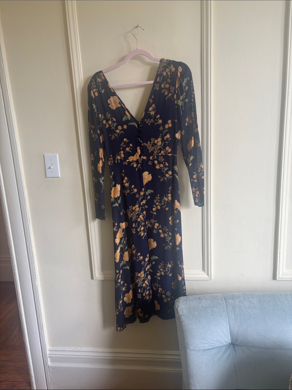 Reformation Navy Floral V-Neck Midi Dress with poppy Blooms